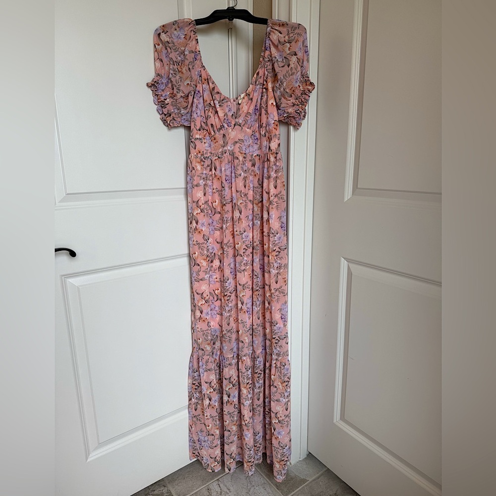 NWOT Vanilla Bay pink purple floral maxi dress chiffon summer spring shower
